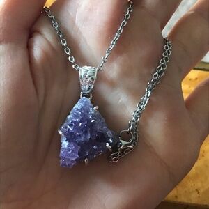 African Amethyst Geode Sterling Silver Stainless Steel Pendant Necklace